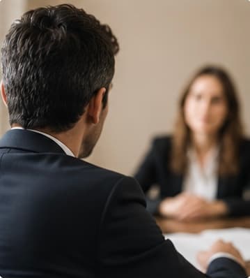 Entretien entre un professionnel du droit et une personne dans un cabinet